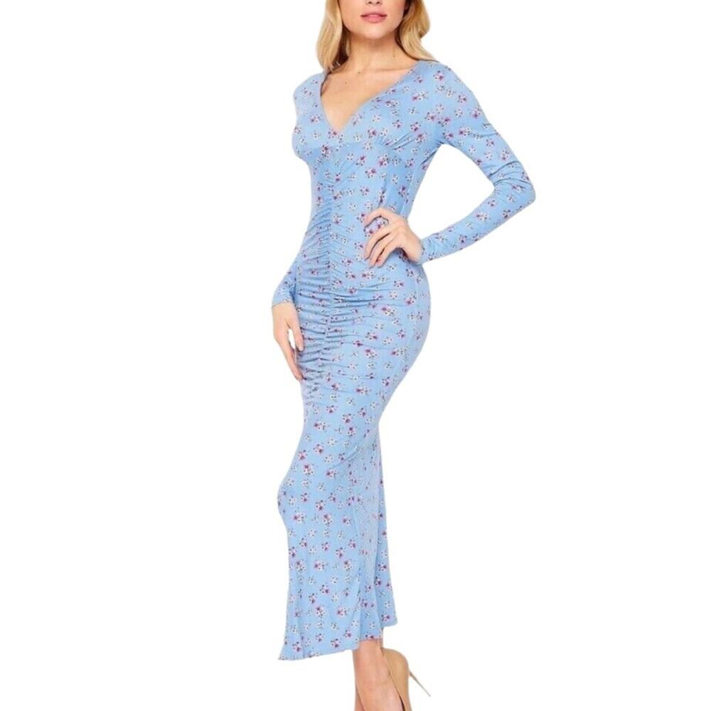 VELVET TORCH Light Blue Floral V-Neck Midi Ruched Bodycon Dress Women’s Size XL
